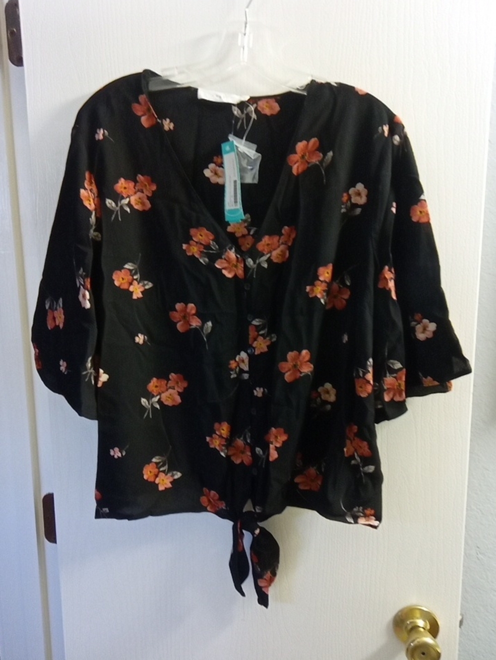 Lush Black Floral Tie-Front Blouse with Orange Blossoms